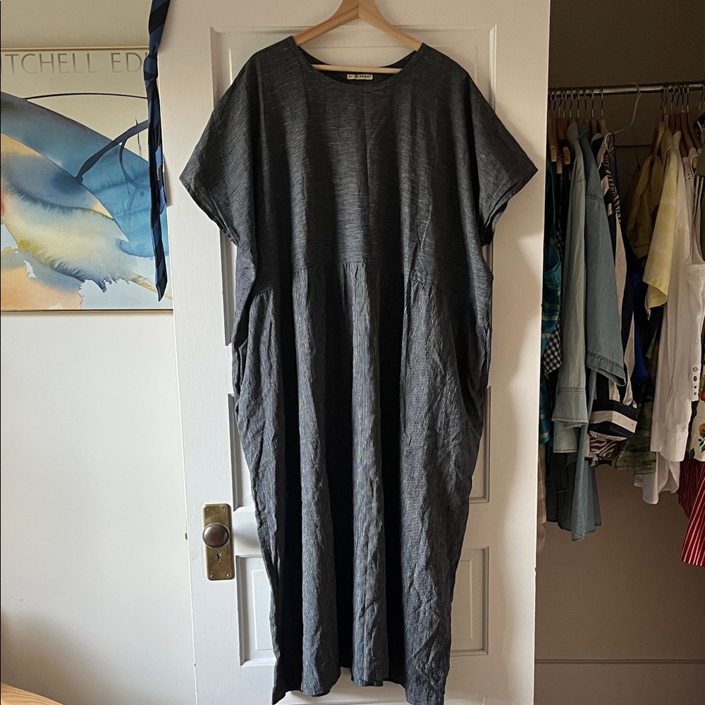 ELI BARRY hemp cotton mini stripe smock dress with pockets, 3X